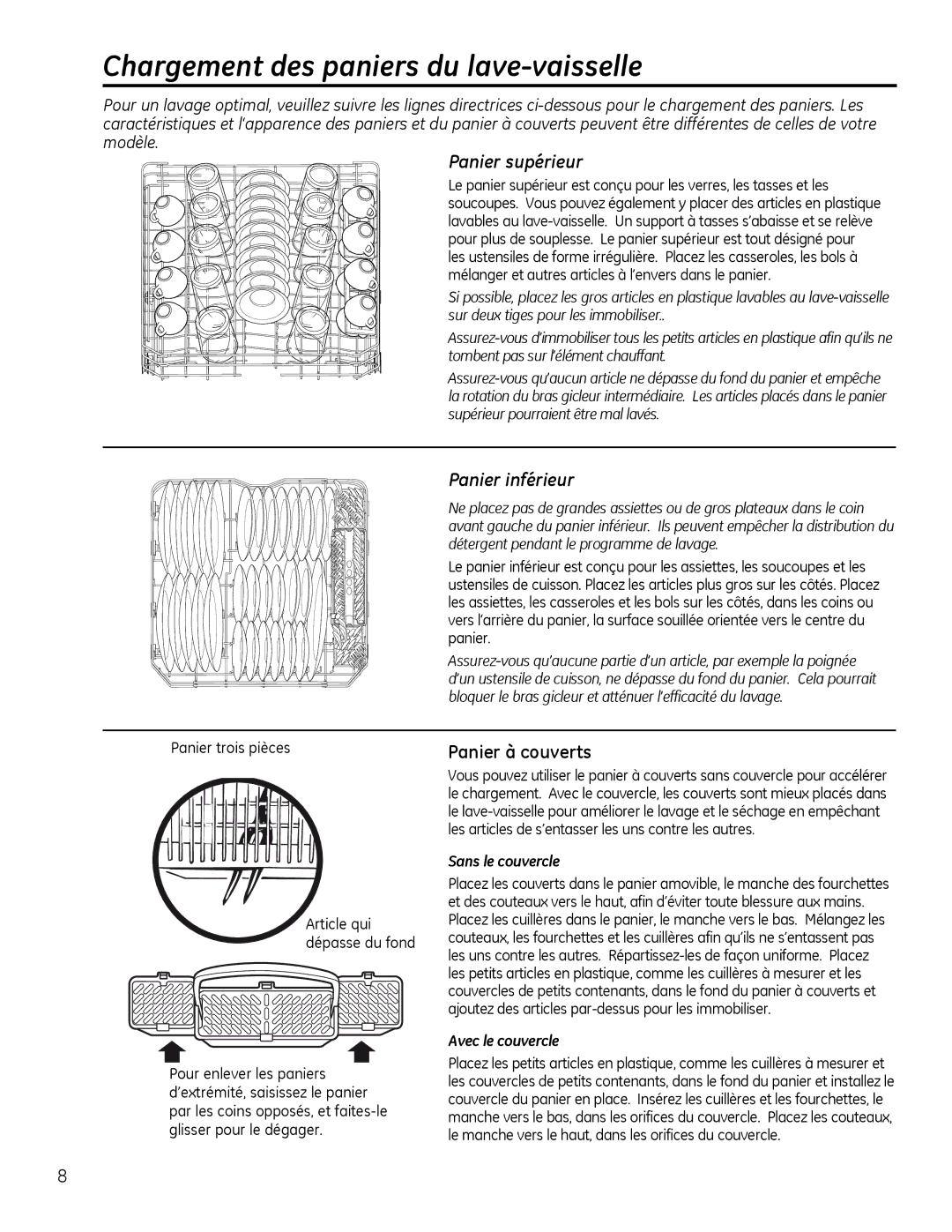 GE GLDT696, GLDT690 Chargement des paniers du lave-vaisselle, Panier supérieur, Panier inférieur, Sans le couvercle 