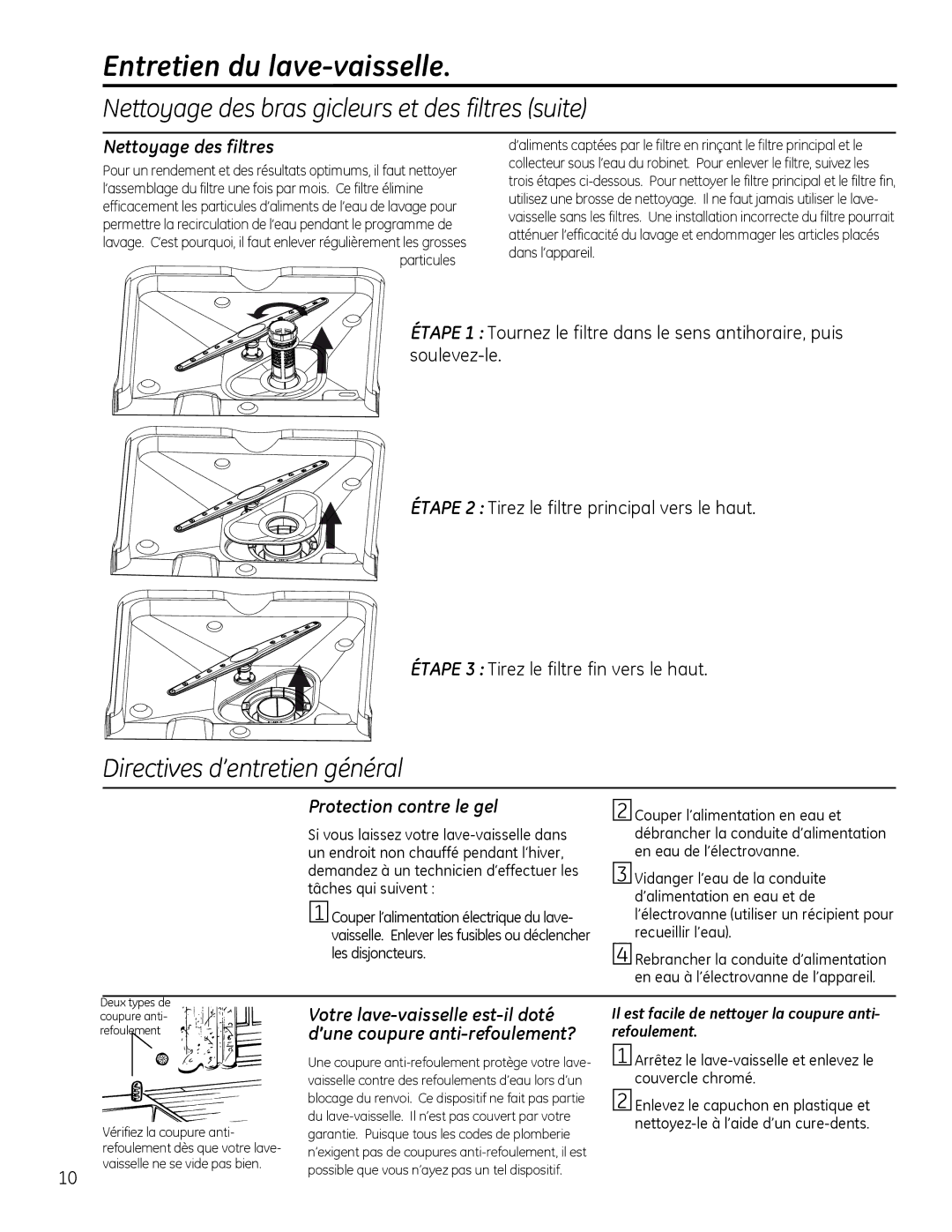 GE GLDT696, GLDT690 owner manual Nettoyage des filtres, Protection contre le gel, Particules 