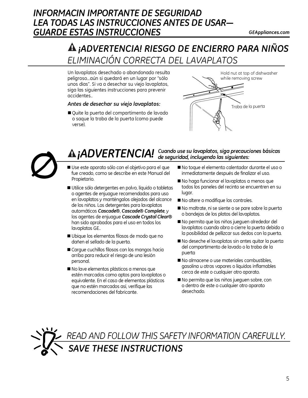 GE GLDT690, GLDT696 owner manual Eliminación Correcta DEL Lavaplatos, Antes de desechar su viejo lavaplatos 