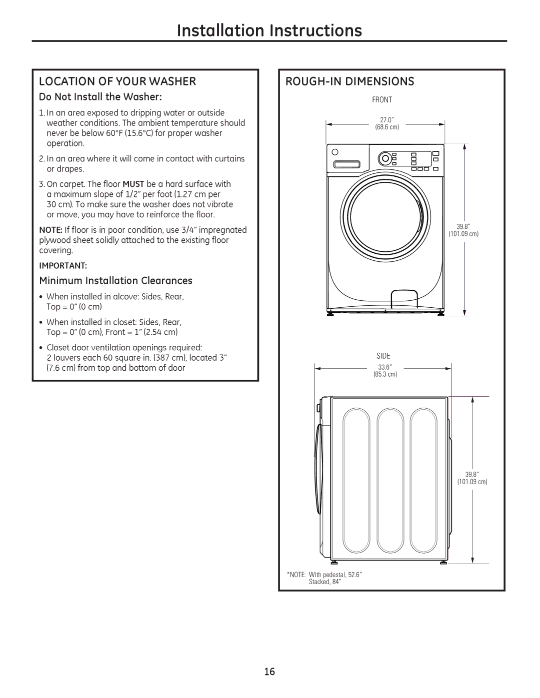 GE GFWN1100 manual $7,212285$6+5, 528*+,1,016,216, Rshudwlrq, Fryhulqj, ‡ KHQLQVWDOOHGLQFORVHW6LGHV5HDU 