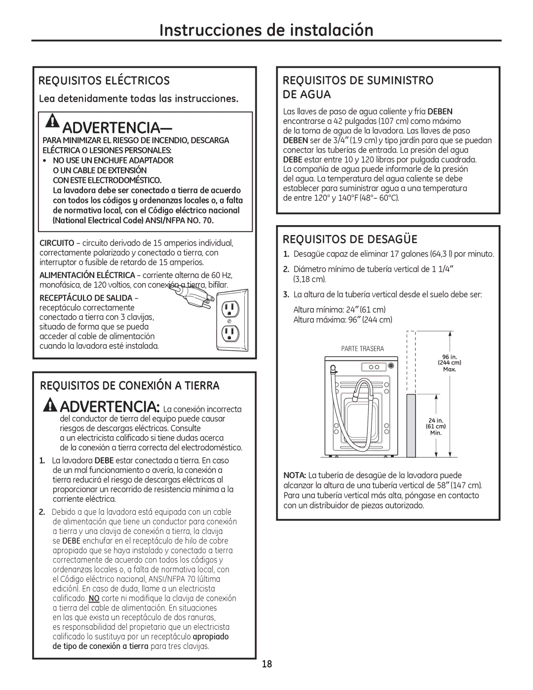 GE GFWN1200, GMAN1200, GFWS1505, GFWS1500 548,6,726/e&75,&26, 548,6,726&21,Ï1$7,55$, 548,6,7266$*h, Parte Trasera 