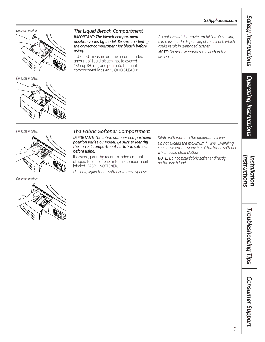 GE GFWH1400, GMAN1200, GFWS1505, GFWS1500 manual 7KH/LTXLG%OHDFK&RPSDUWPHQW, 7KHDEULF6RIWHQHU&RPSDUWPHQW, EhiruhXvlqj 