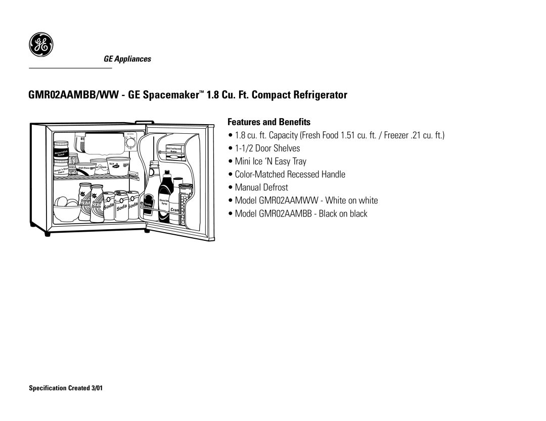 GE GMR02AAMBB, GMR02AAMWW dimensions Features and Benefits 