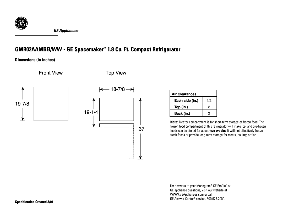 GE GMR02AAMWW dimensions Specification Created 3/01, Front View 19-7/8, Top View 18-7/8 19-1/4, GE Appliances, Top in 