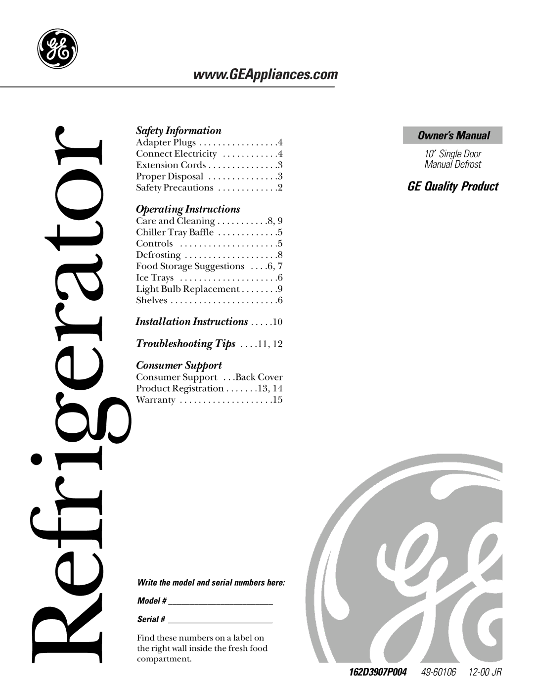 GE GMS10AAMRWW, GMS10AAMLWW owner manual 162D3907P004, Write the model and serial numbers here Model # Serial # 