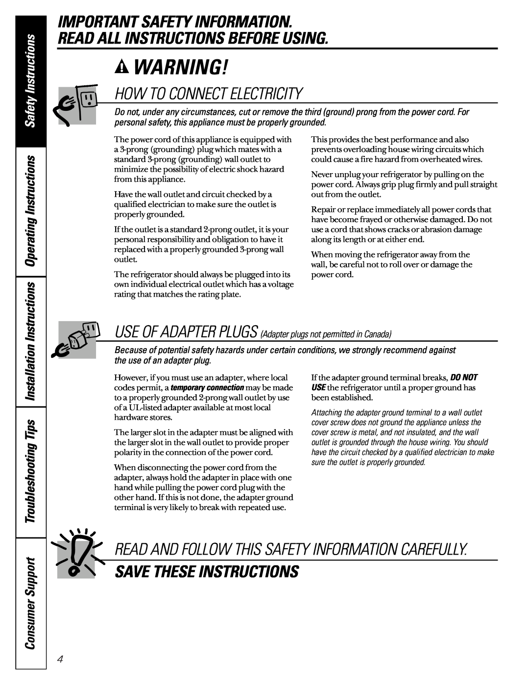 GE GMS10AAMRWW How To Connect Electricity, Save These Instructions, Consumer Support, Instructions Operating Instructions 