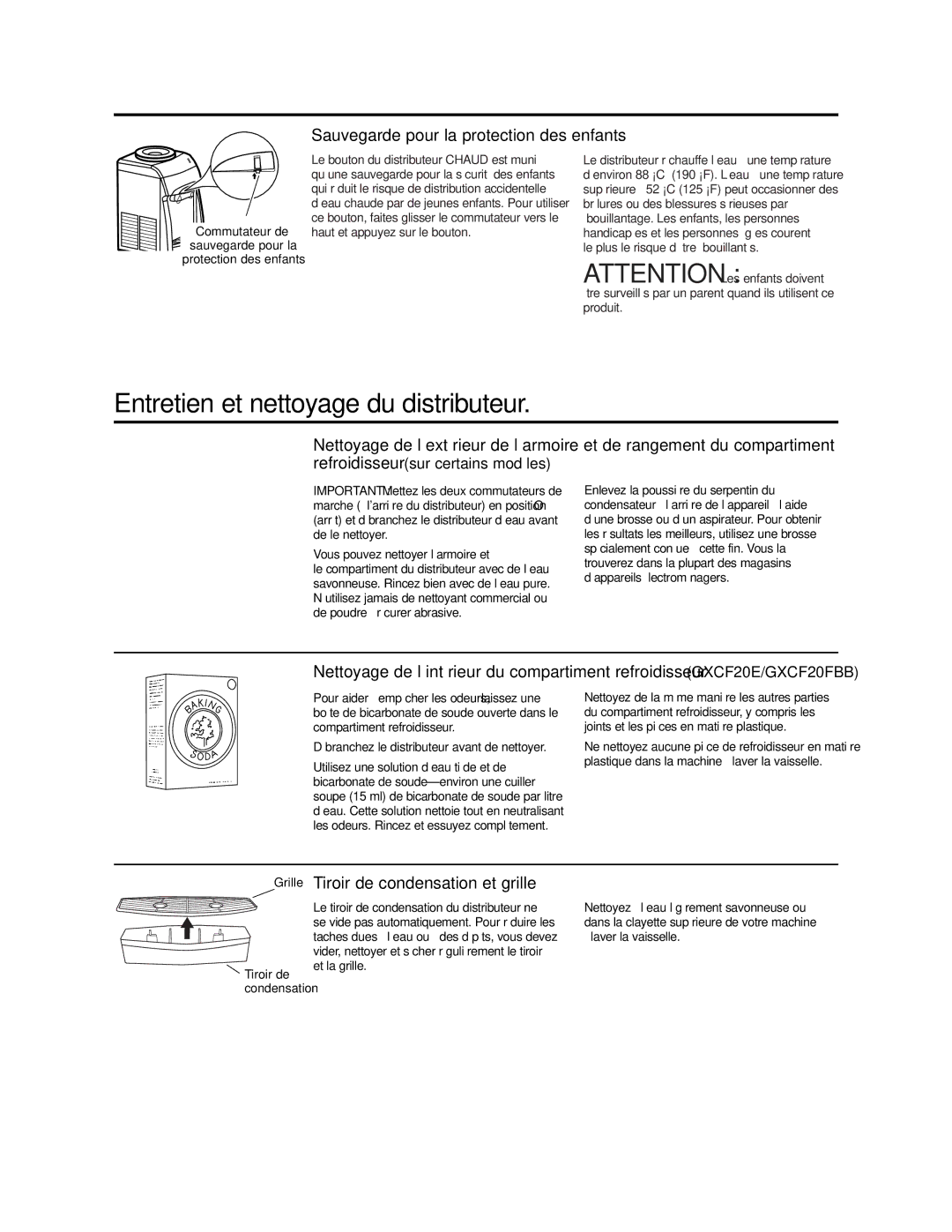 GE GXCF20E/GXF2OFBB, GNCF04H/GXCF05D Entretien et nettoyage du distributeur, Sauvegarde pour la protection des enfants 