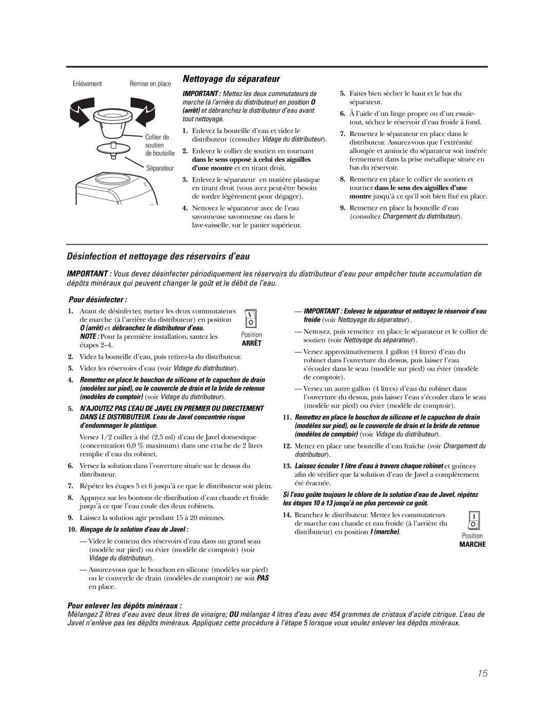 GE GNCF04H/GXCF05D, GXCC01D Nettoyage du séparateur, Désinfection et nettoyage des réservoirs d’eau, Pour désinfecter 