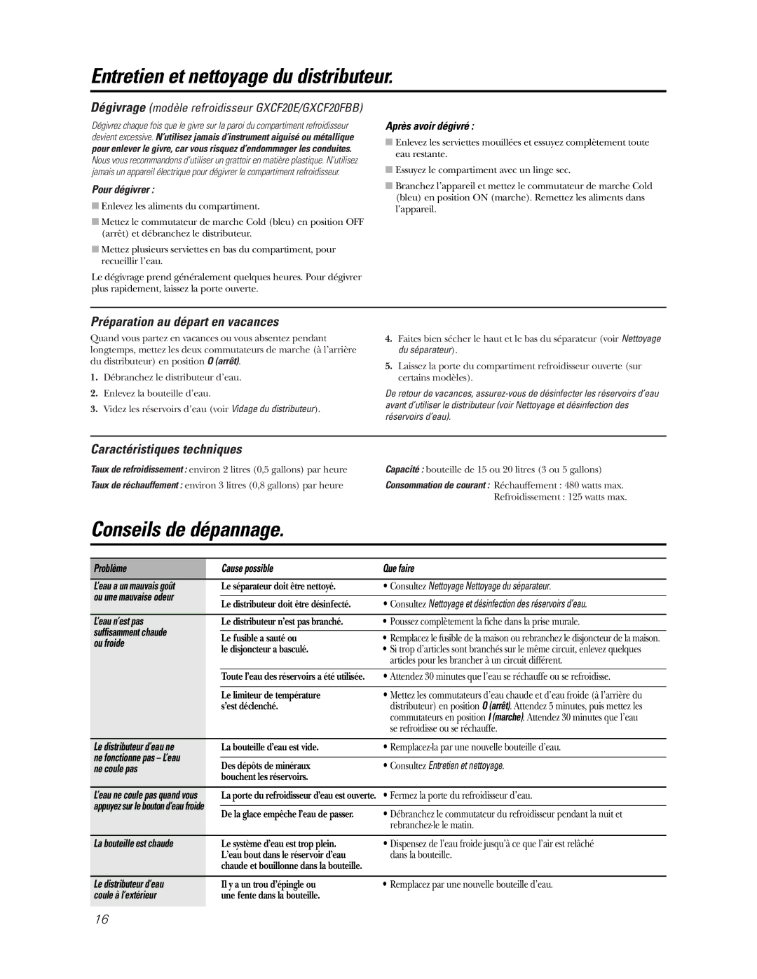 GE GXCF20E/GXF2OFBB, GNCF04H/GXCF05D Conseils de dépannage, Préparation au départ en vacances, Caractéristiques techniques 