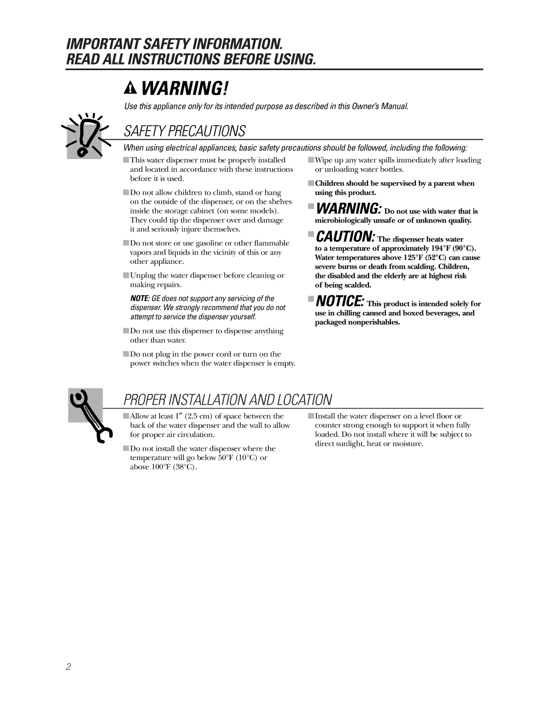 GE GXCC01D, GNCF04H/GXCF05D, GXCF20E/GXF2OFBB owner manual Safety Precautions, Proper Installation and Location 