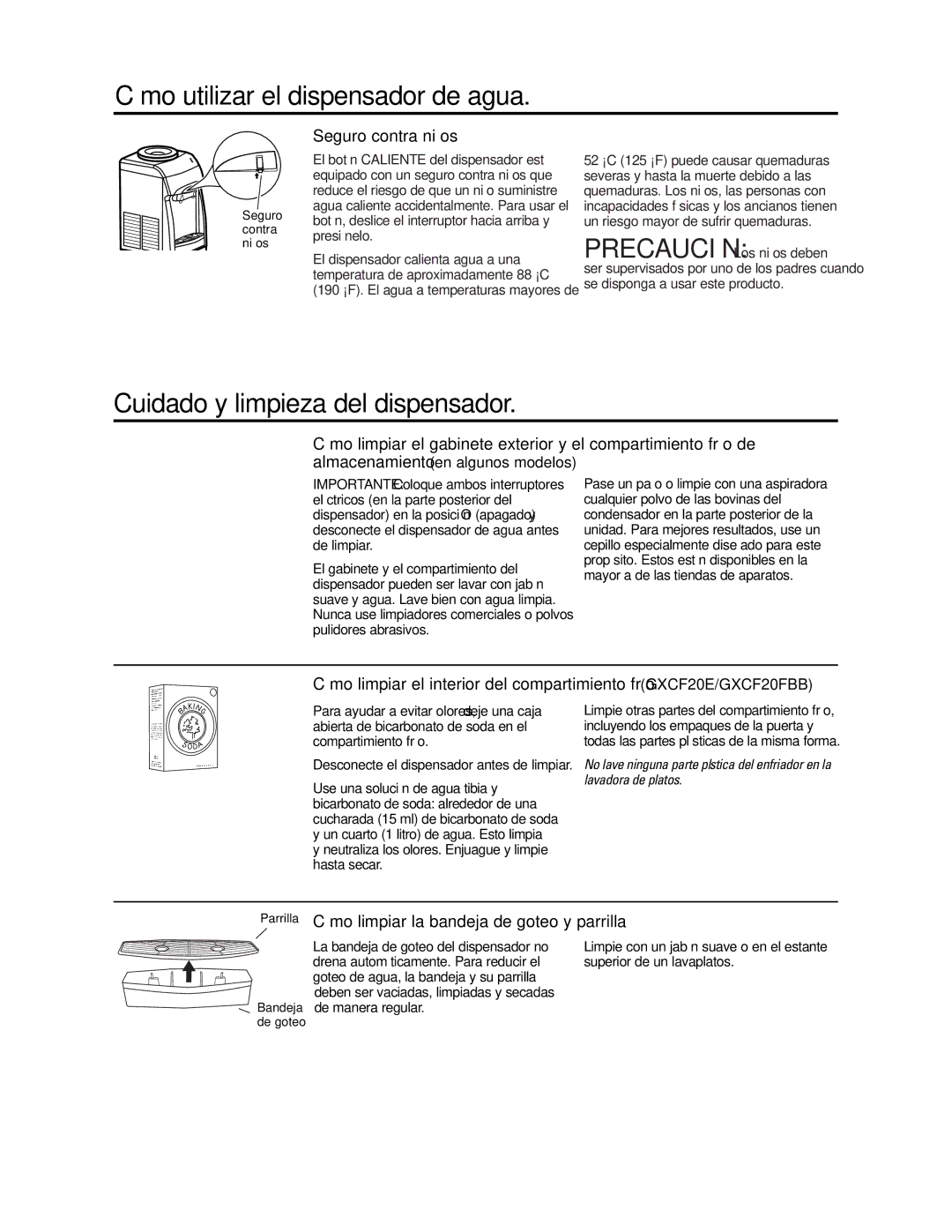 GE GXCF20E/GXF2OFBB Cuidado y limpieza del dispensador, Seguro contra niños, Cómo limpiar la bandeja de goteo y parrilla 