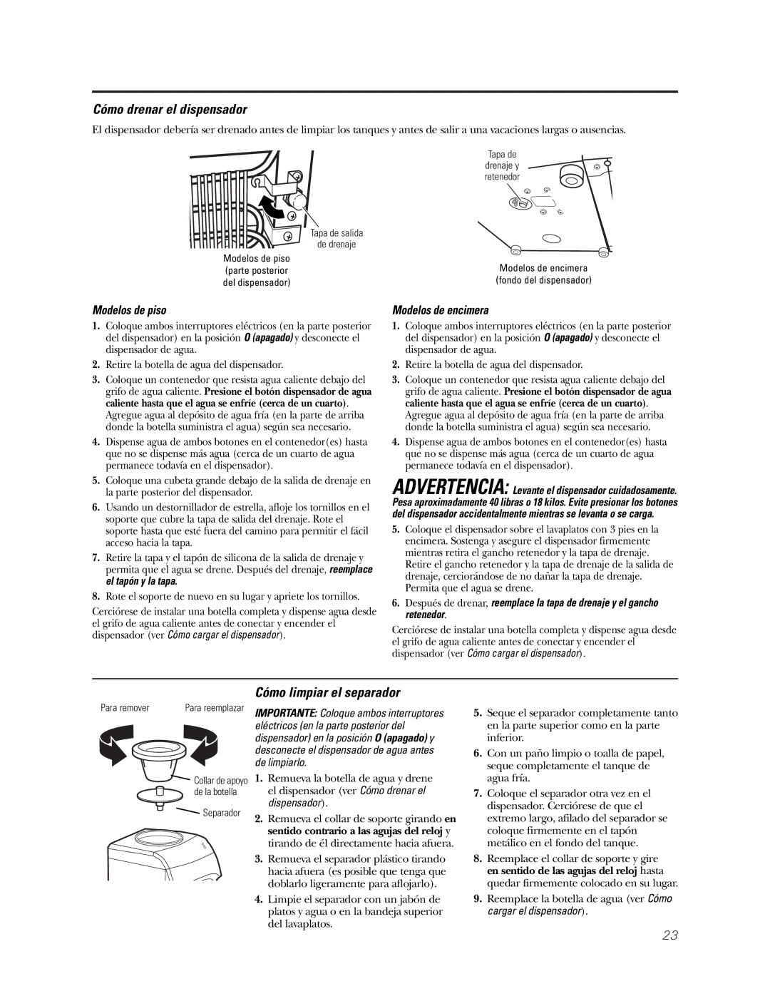 GE GXCC01D, GNCF04H/GXCF05D Cómo drenar el dispensador, Cómo limpiar el separador, Modelos de piso, Modelos de encimera 