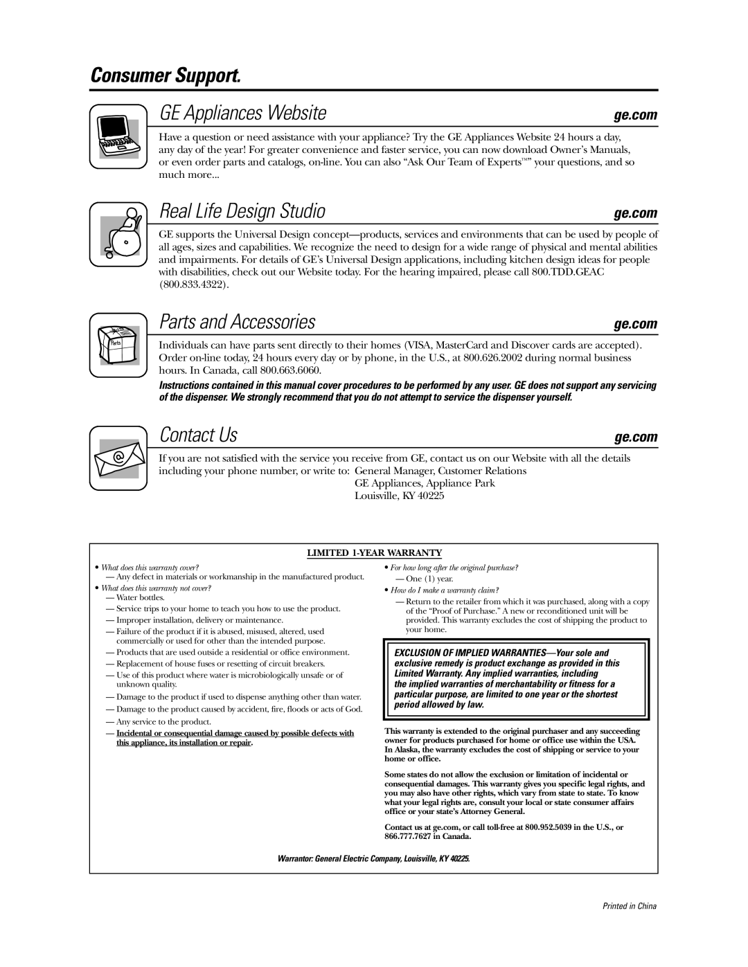 GE GXCF20E/GXF2OFBB Consumer Support GE Appliances Website, Real Life Design Studio, Parts and Accessories, Contact Us 