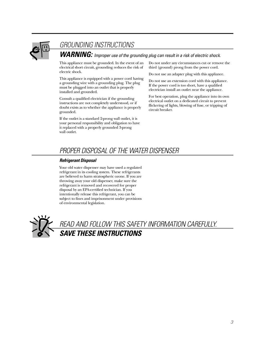 GE GNCF04H/GXCF05D, GXCF20E/GXF2OFBB Grounding Instructions, Proper Disposal of the Water Dispenser, Refrigerant Disposal 