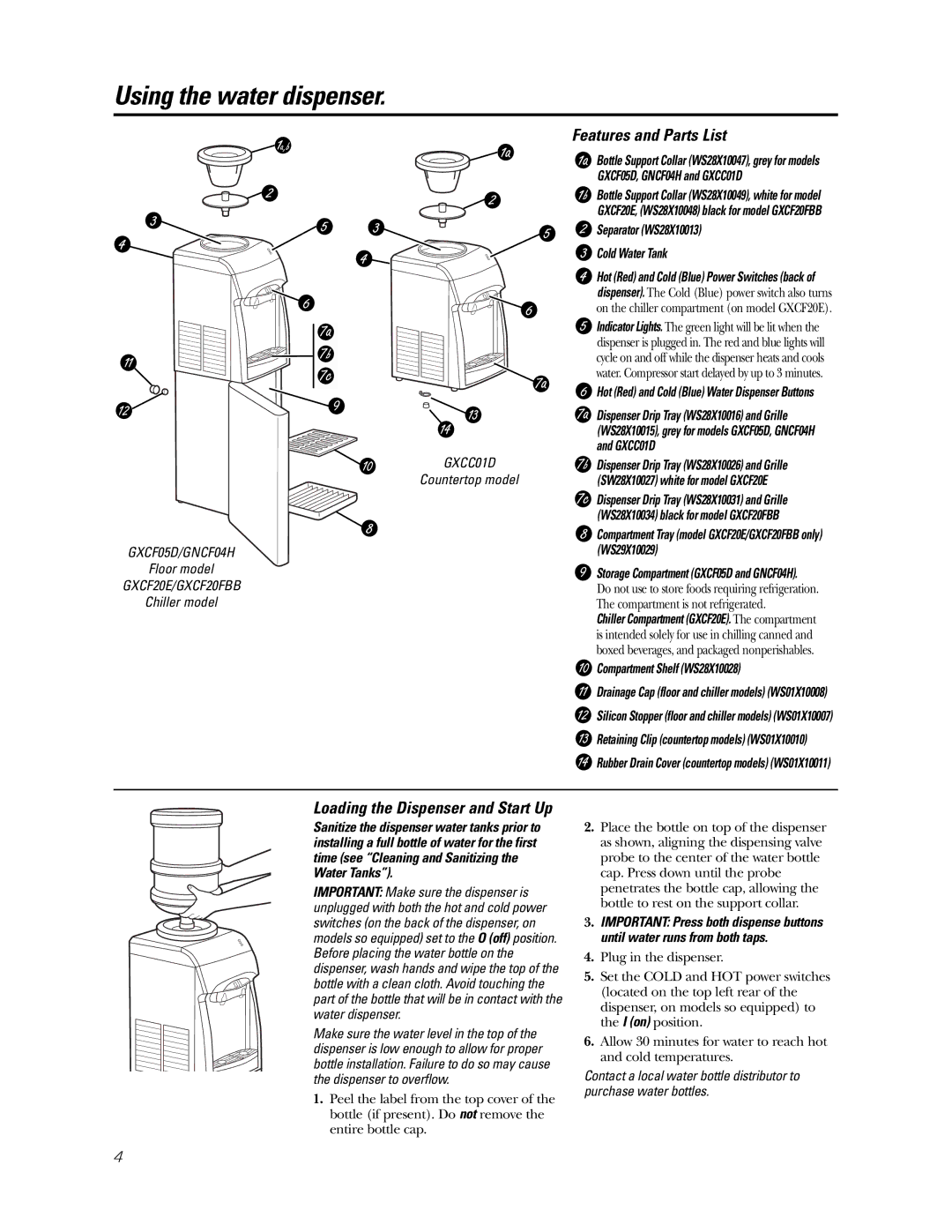 GE GXCF20E/GXF2OFBB, GXCC01D Using the water dispenser, Features and Parts List, Loading the Dispenser and Start Up 