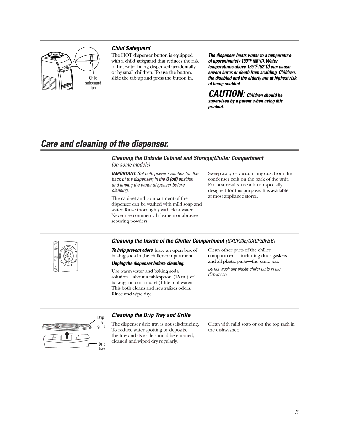 GE GXCC01D, GNCF04H/GXCF05D Care and cleaning of the dispenser, Child Safeguard, Cleaning the Drip Tray and Grille 