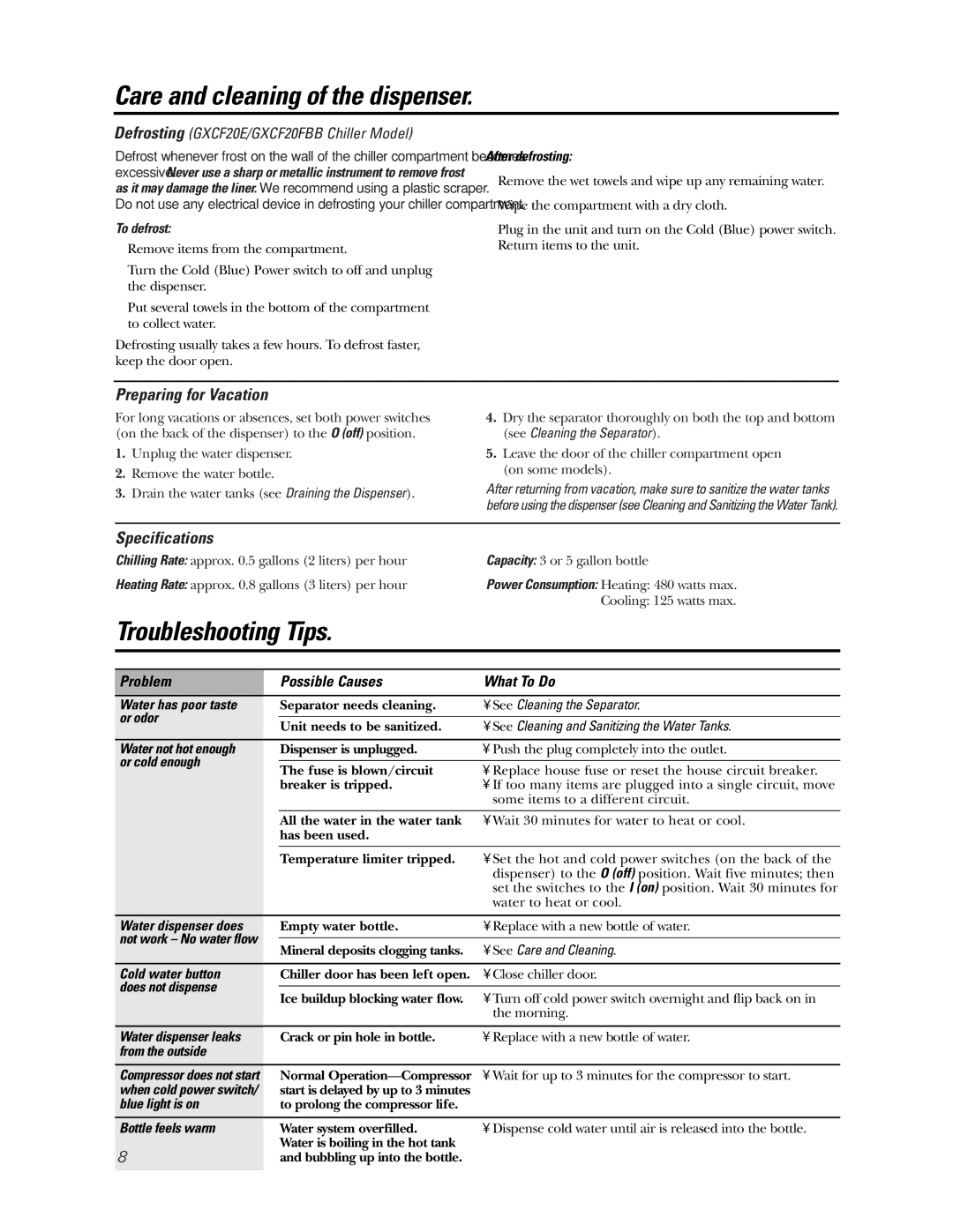 GE GXCC01D owner manual Troubleshooting Tips, Preparing for Vacation, Specifications, Problem Possible Causes What To Do 