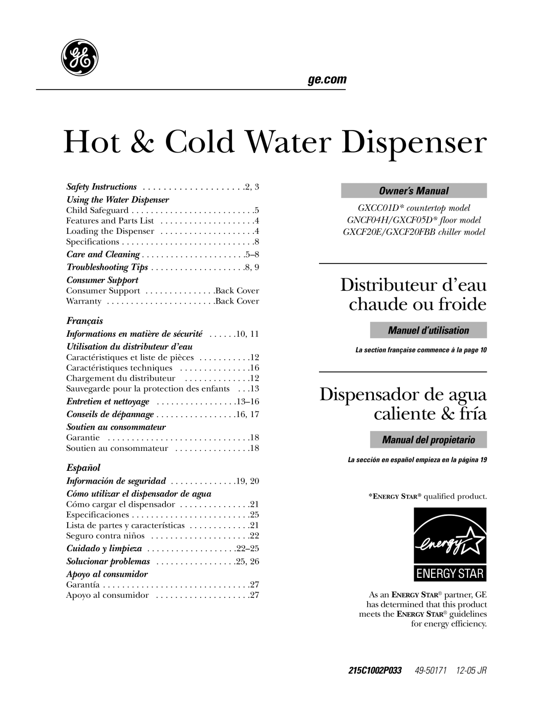GE GXCF20E/GXF2OFBB owner manual 215C1002P033, Hot & Cold Water Dispenser, Distributeur d’eau chaude ou froide, Français 