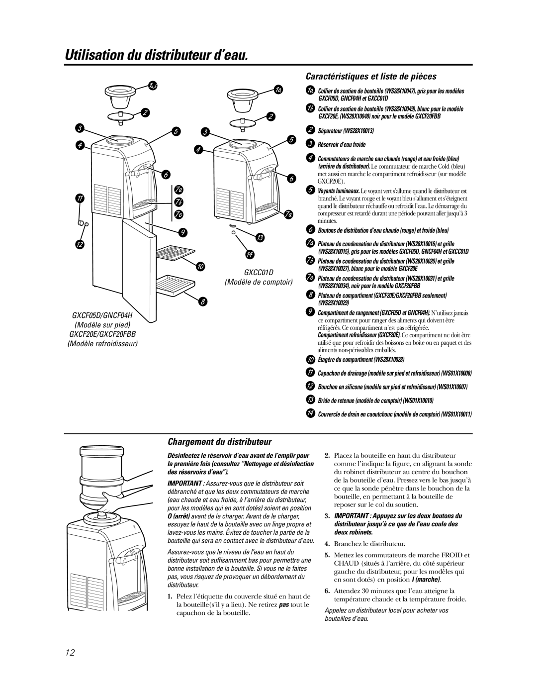 GE GNCF04H/GXCF05D Utilisation du distributeur d’eau, Caractéristiques et liste de pièces, Chargement du distributeur 