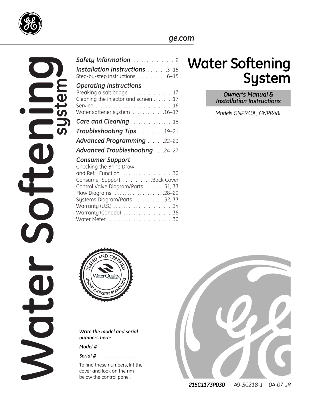 GE GNPR40L installation instructions Installation Instructions, Write the model and serial numbers here Model #, Serial # 