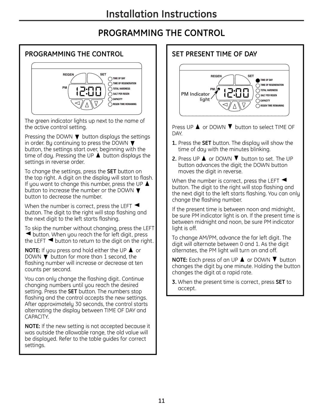 GE GNPR40L, GNPR48L installation instructions Programming the Control, SET Present Time of DAY 