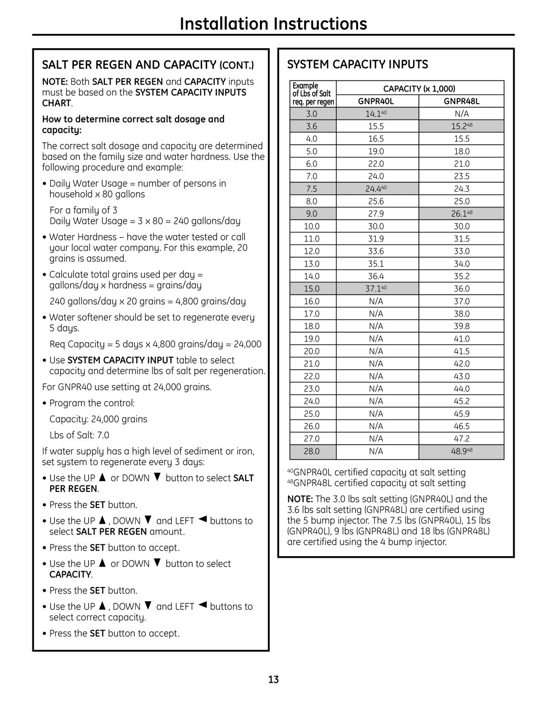 GE GNPR40L, GNPR48L installation instructions System Capacity Inputs, Example Capacity x 1,000 