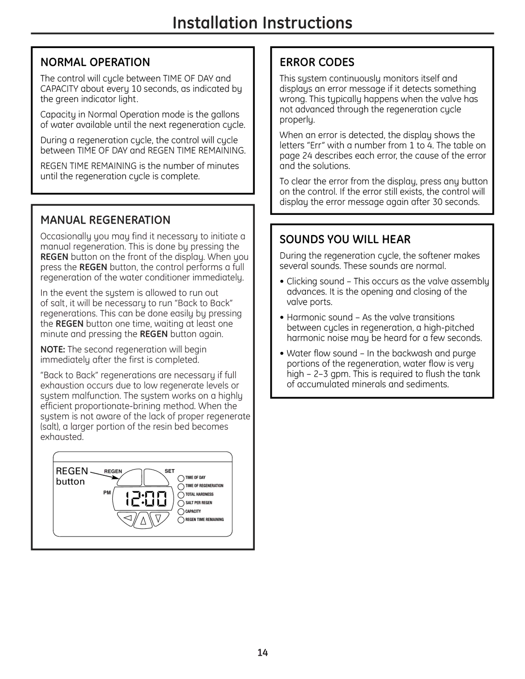 GE GNPR48L, GNPR40L installation instructions Normal Operation, Manual Regeneration, Error Codes, Sounds YOU will Hear 