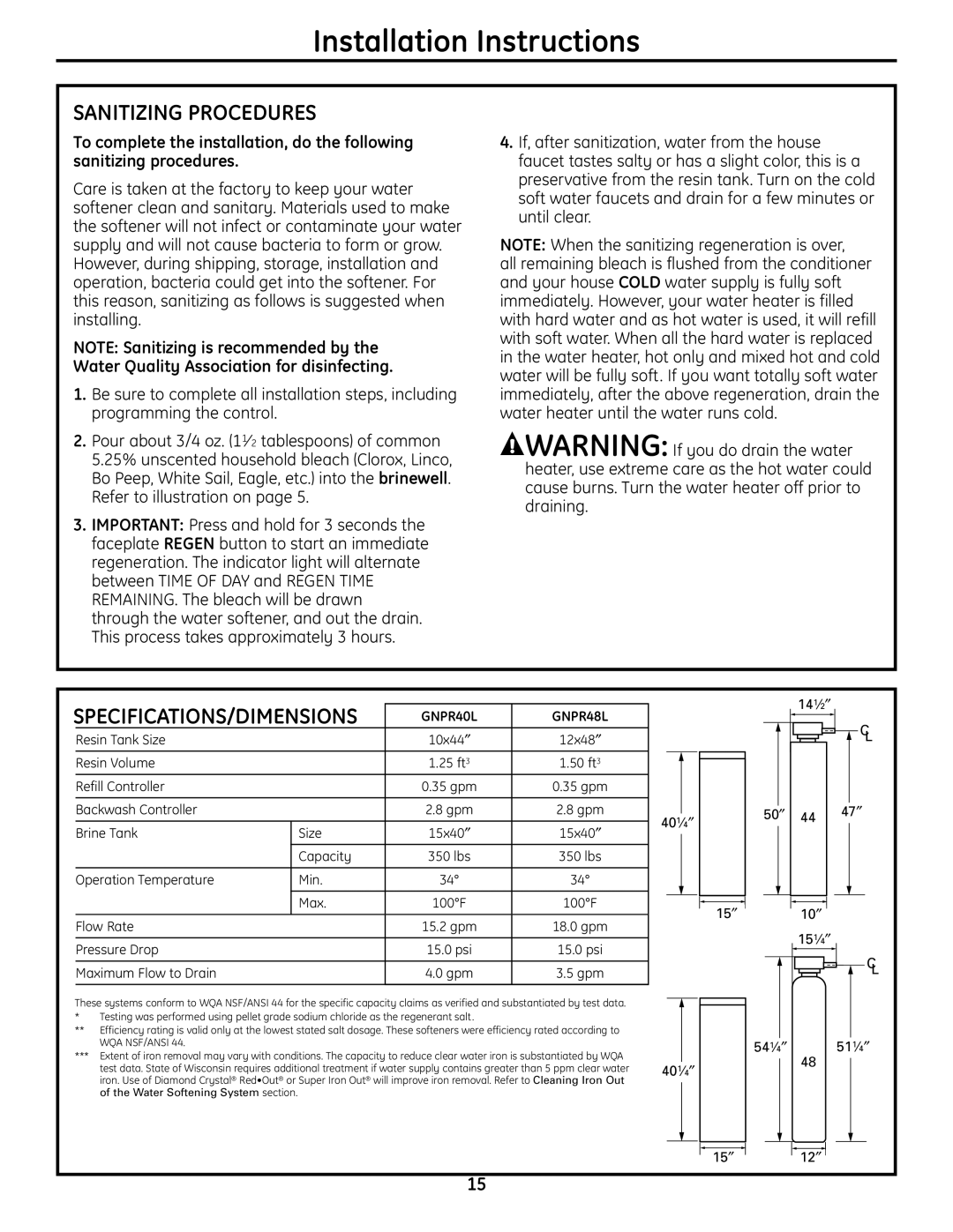 GE GNPR40L, GNPR48L installation instructions Sanitizing Procedures, Specifications/Dimensions 