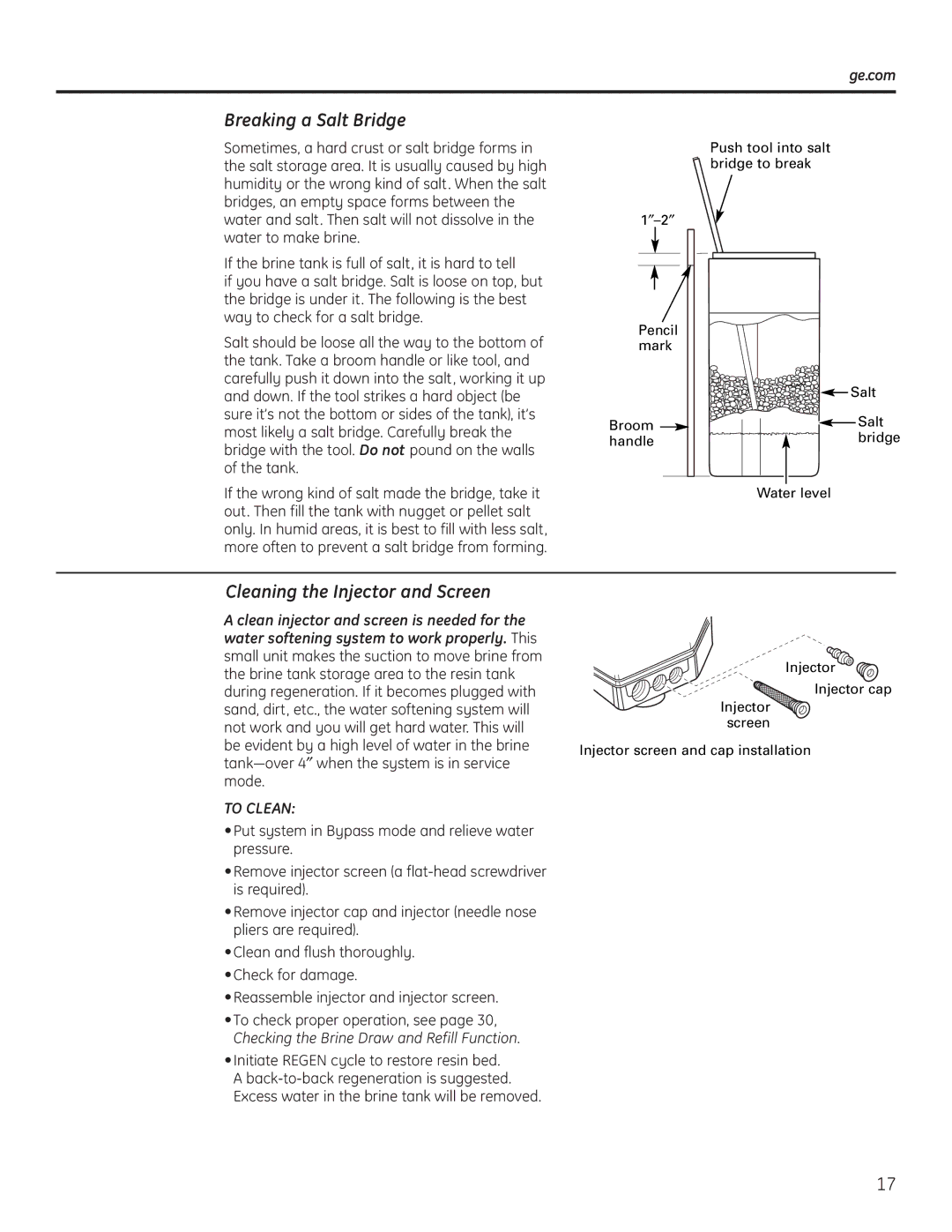 GE GNPR40L, GNPR48L installation instructions Breaking a Salt Bridge, Cleaning the Injector and Screen, Ge.com 