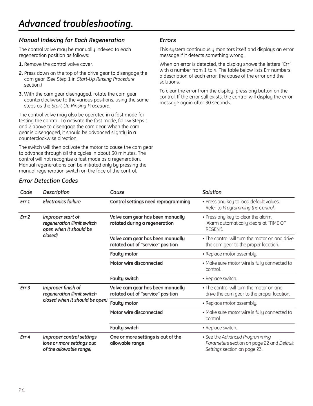 GE GNPR48L, GNPR40L Advanced troubleshooting, Manual Indexing for Each Regeneration, Errors, Error Detection Codes 