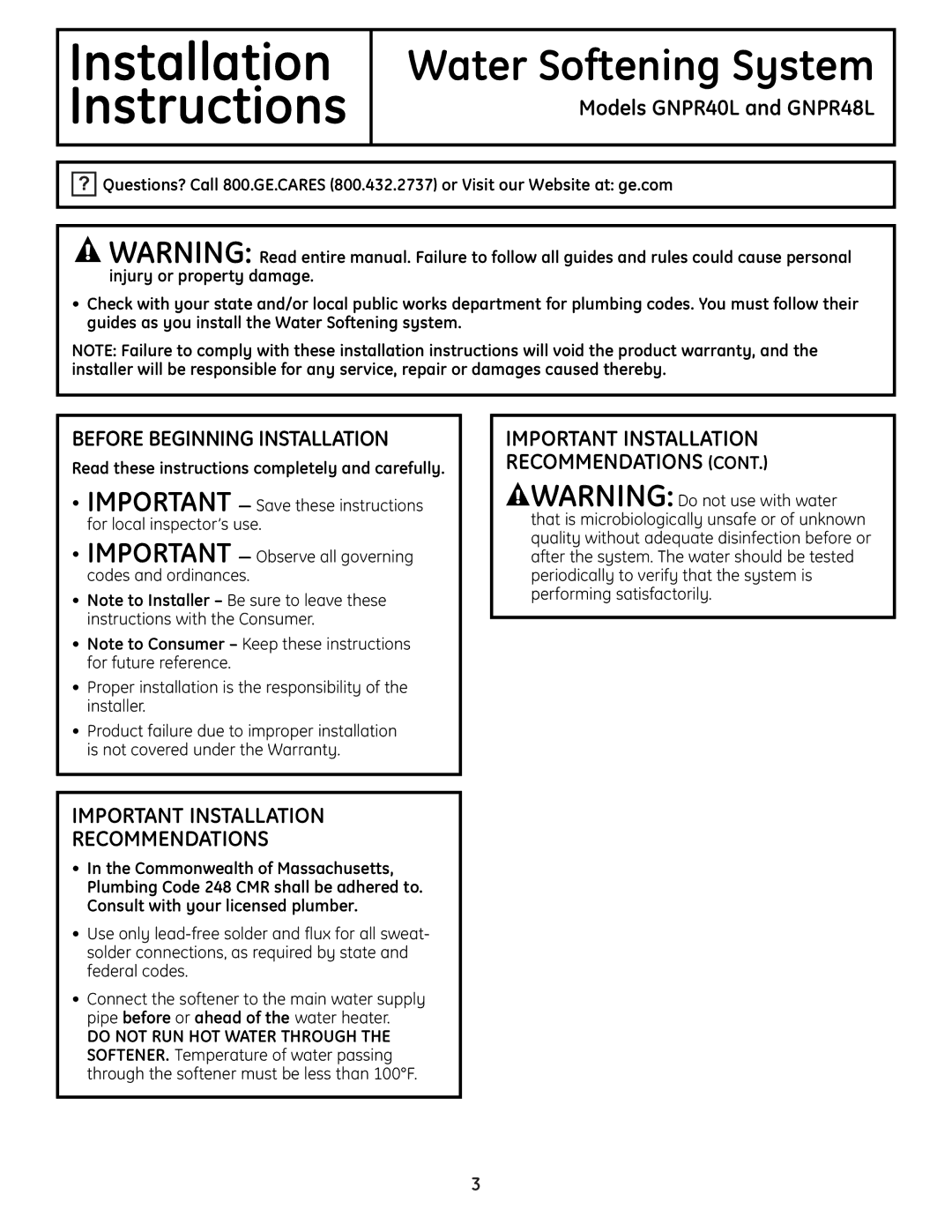 GE GNPR40L, GNPR48L installation instructions Before Beginning Installation, Important Installation Recommendations 