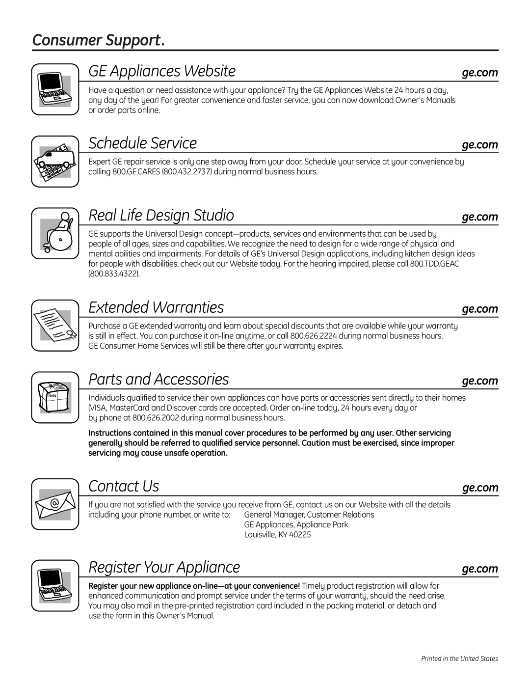 GE GNPR48L, GNPR40L Consumer Support GE Appliances Website, Schedule Service, Real Life Design Studio, Extended Warranties 