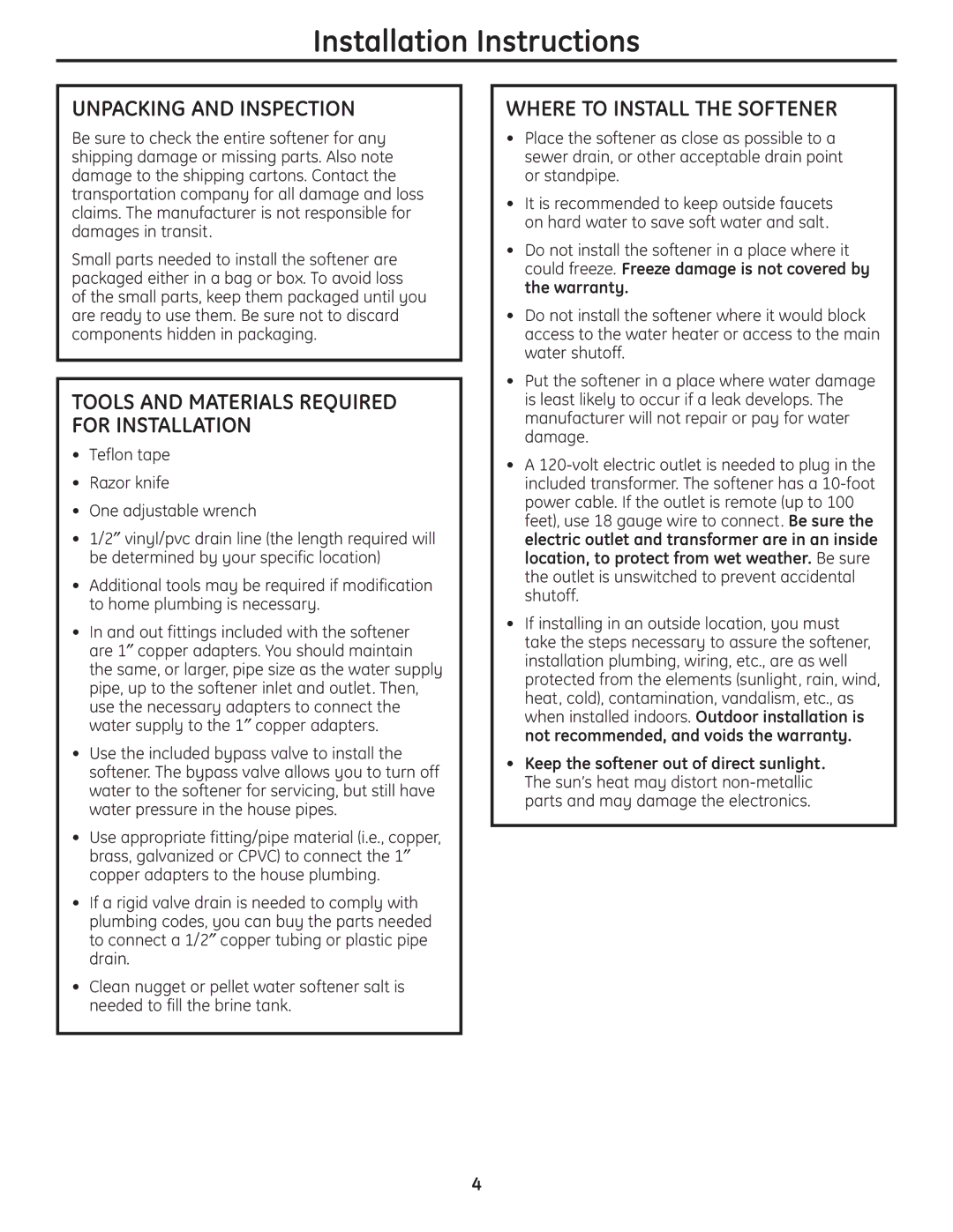 GE GNPR48L, GNPR40L installation instructions Unpacking and Inspection, Where to Install the Softener 