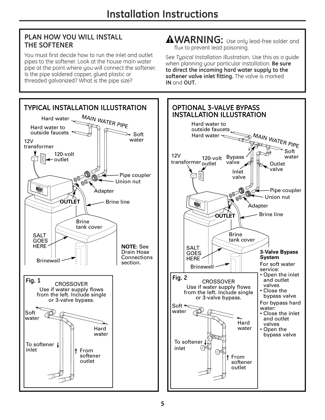 GE GNPR40L Plan HOW YOU will Install Softener, Optional 3-VALVE Bypass Installation Illustration, Valve Bypass System 