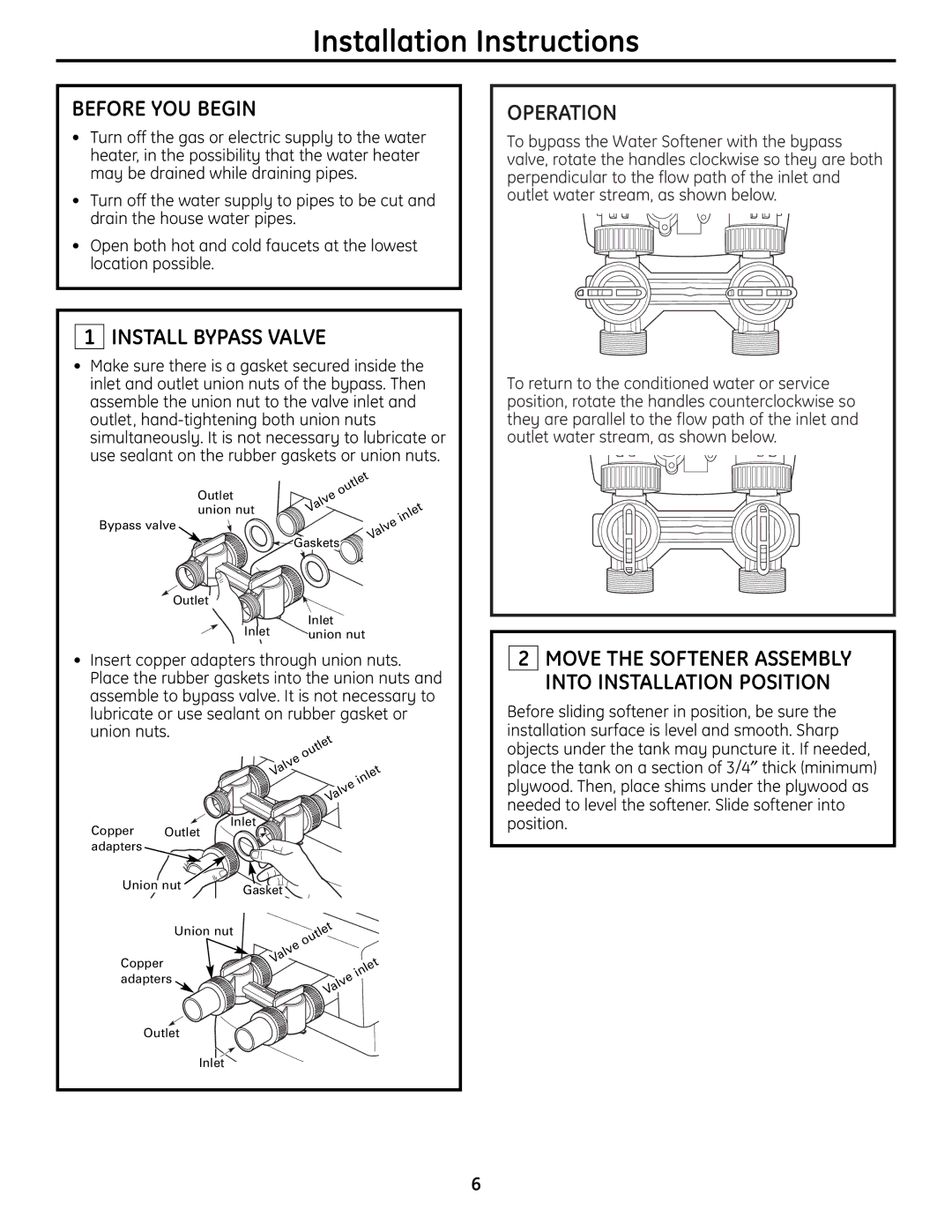 GE GNPR48L, GNPR40L installation instructions Before YOU Begin, Install Bypass Valve, Operation 