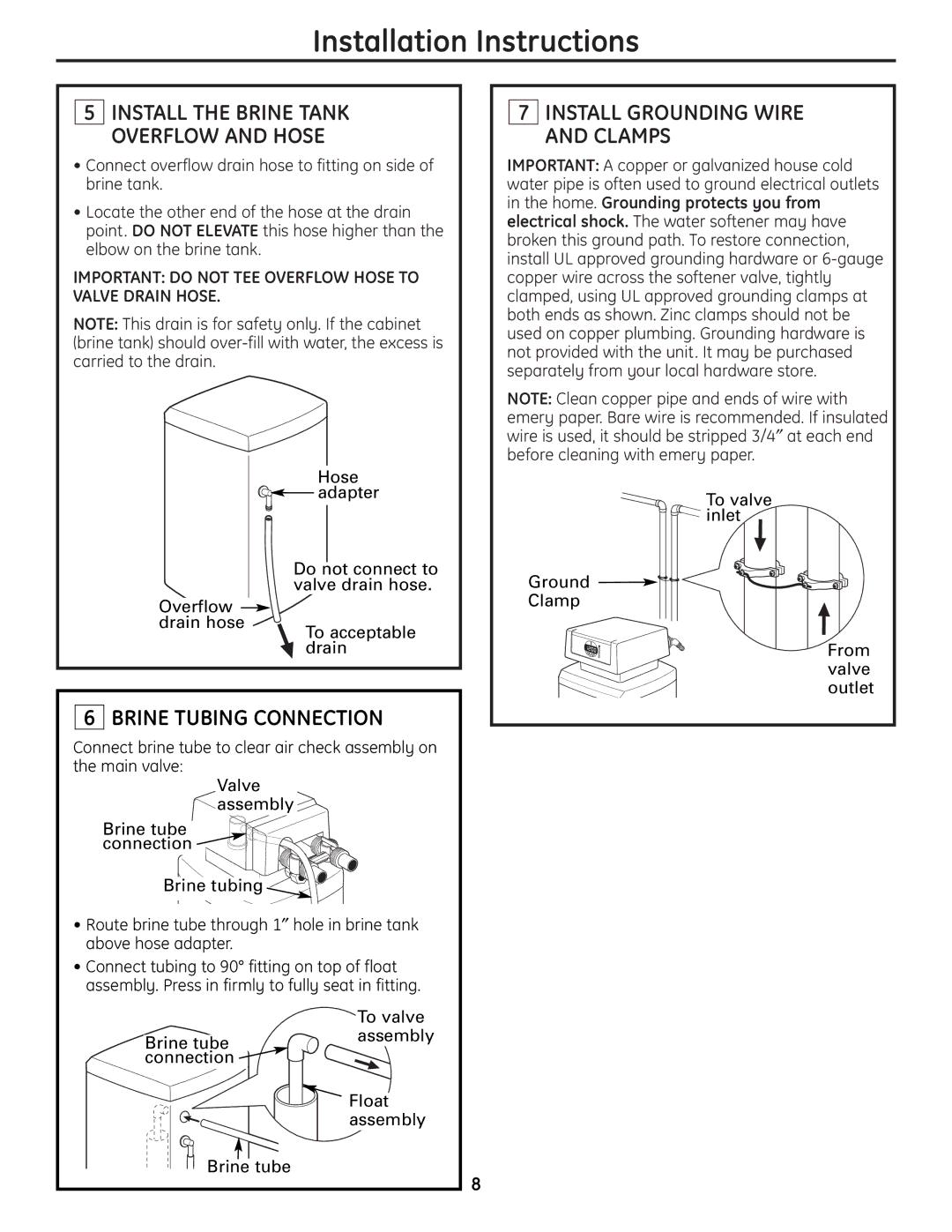 GE GNPR48L, GNPR40L installation instructions Brine Tubing Connection, Install Grounding Wire and Clamps 