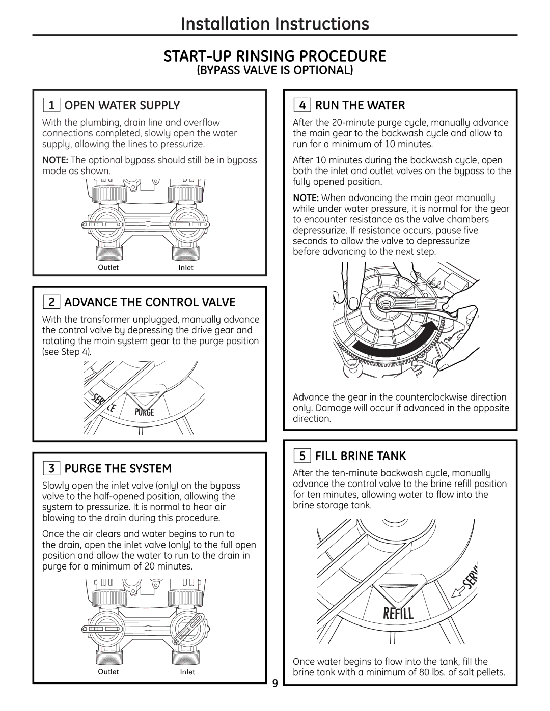 GE GNPR40L, GNPR48L Bypass Valve is Optional Open Water Supply, Advance the Control Valve, Purge the System, RUN the Water 