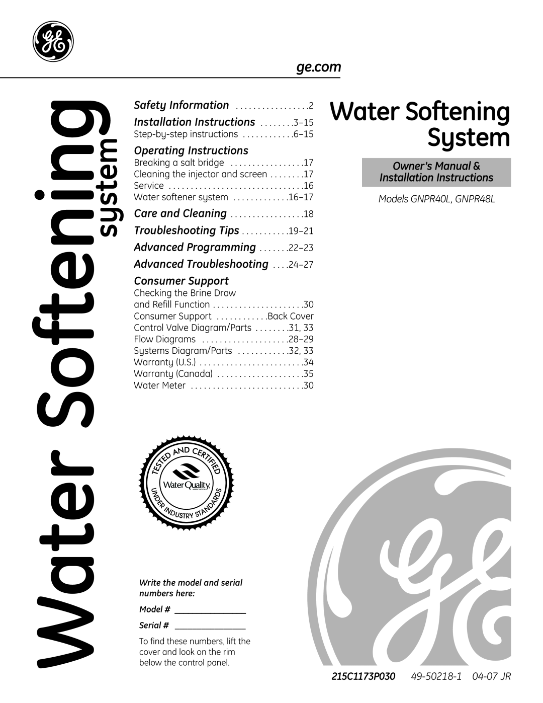 GE GNPR40L installation instructions System, Water Softening, ge.com, Operating Instructions, Installation Instructions 