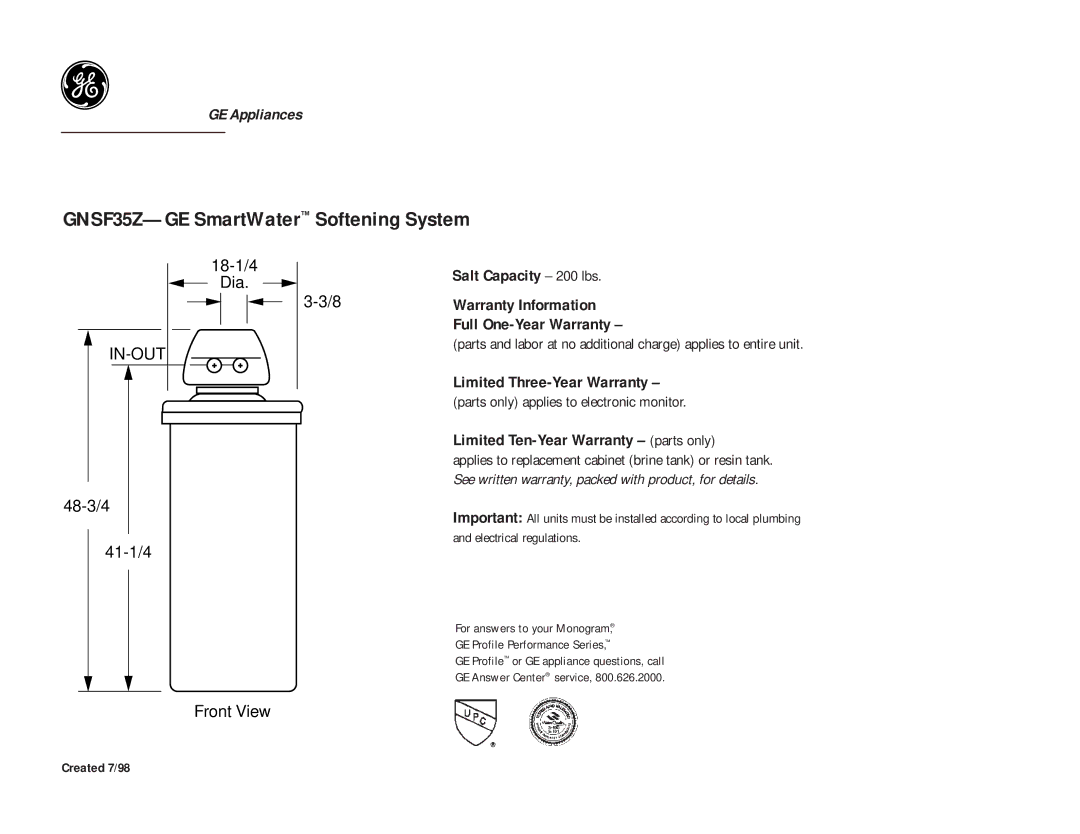 GE warranty GNSF35Z-GE SmartWater Softening System, Limited Three-Year Warranty, Limited Ten-Year Warranty parts only 