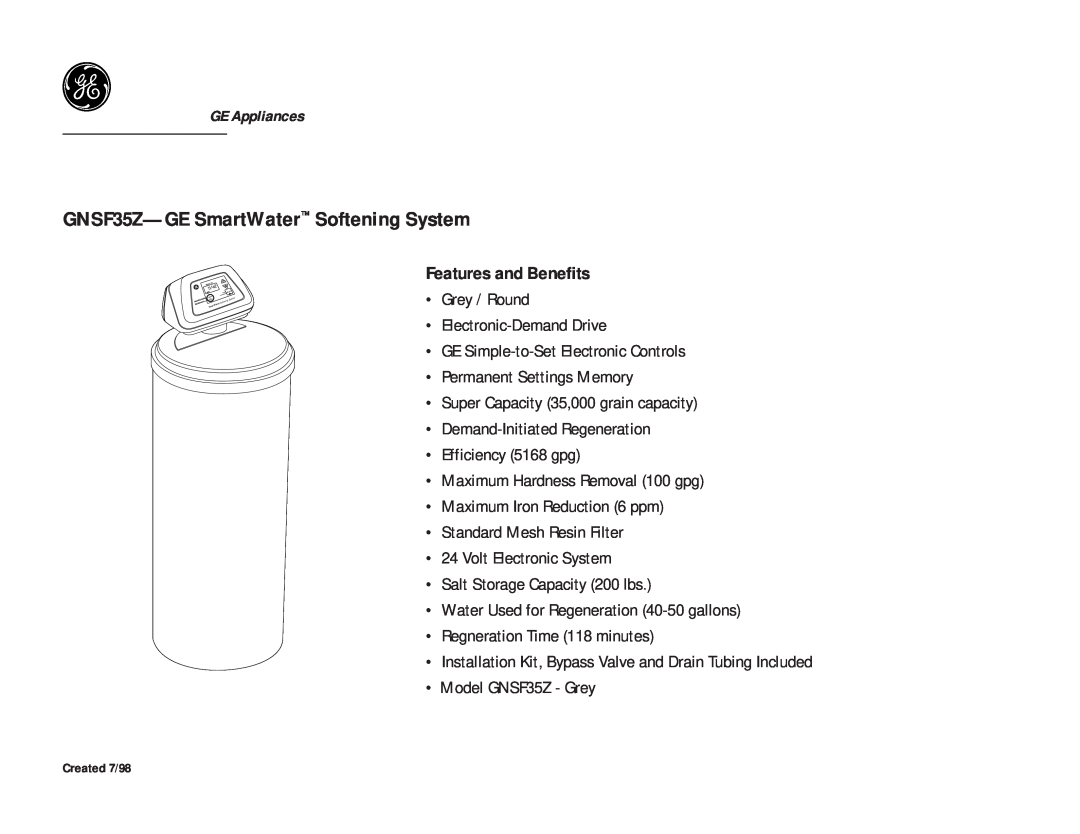 GE warranty Features and Benefits, GNSF35Z-GE SmartWater Softening System 