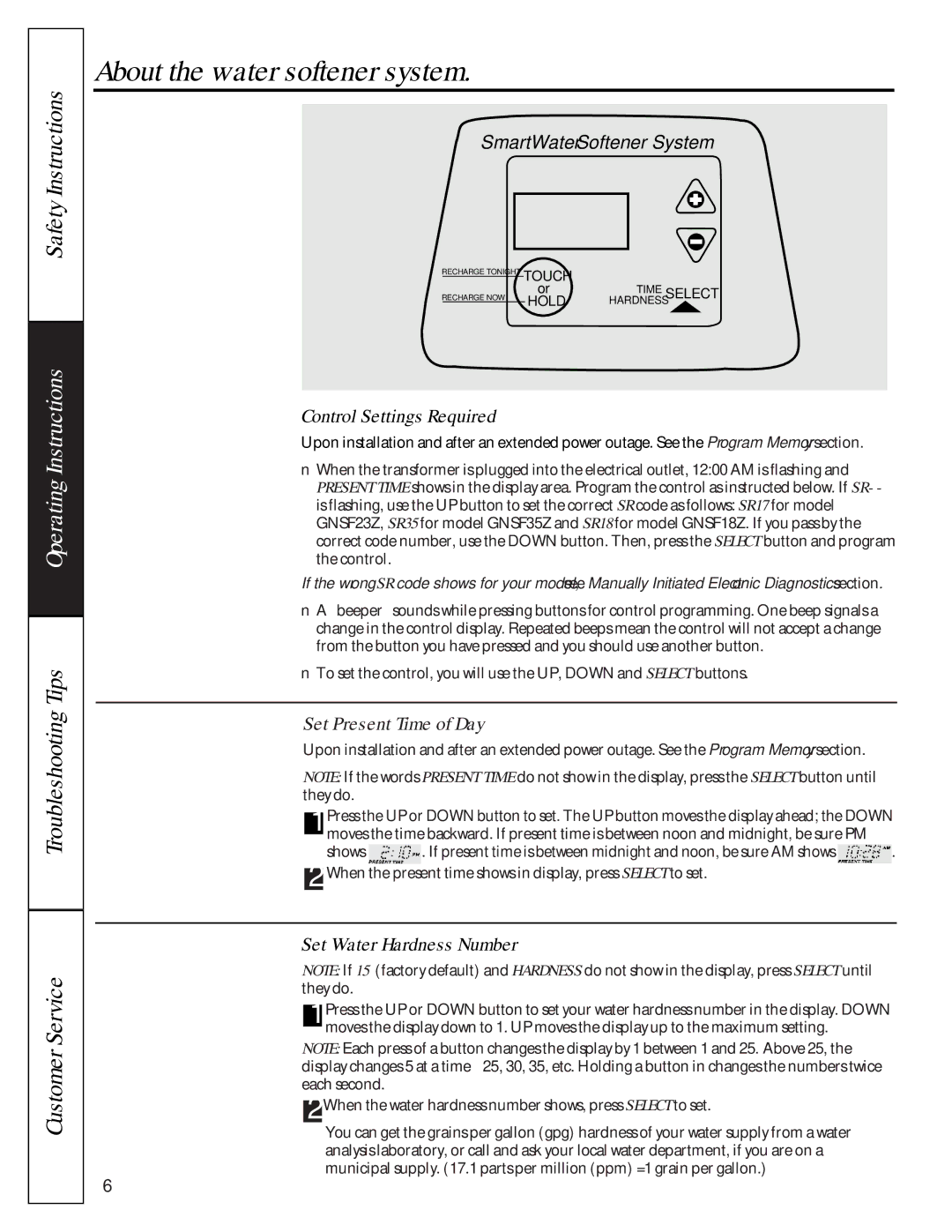 GE GNSF35Z01, GNSF18Z01, GNSF23Z01 owner manual Control Settings Required, Set Present Time of Day, Set Water Hardness Number 