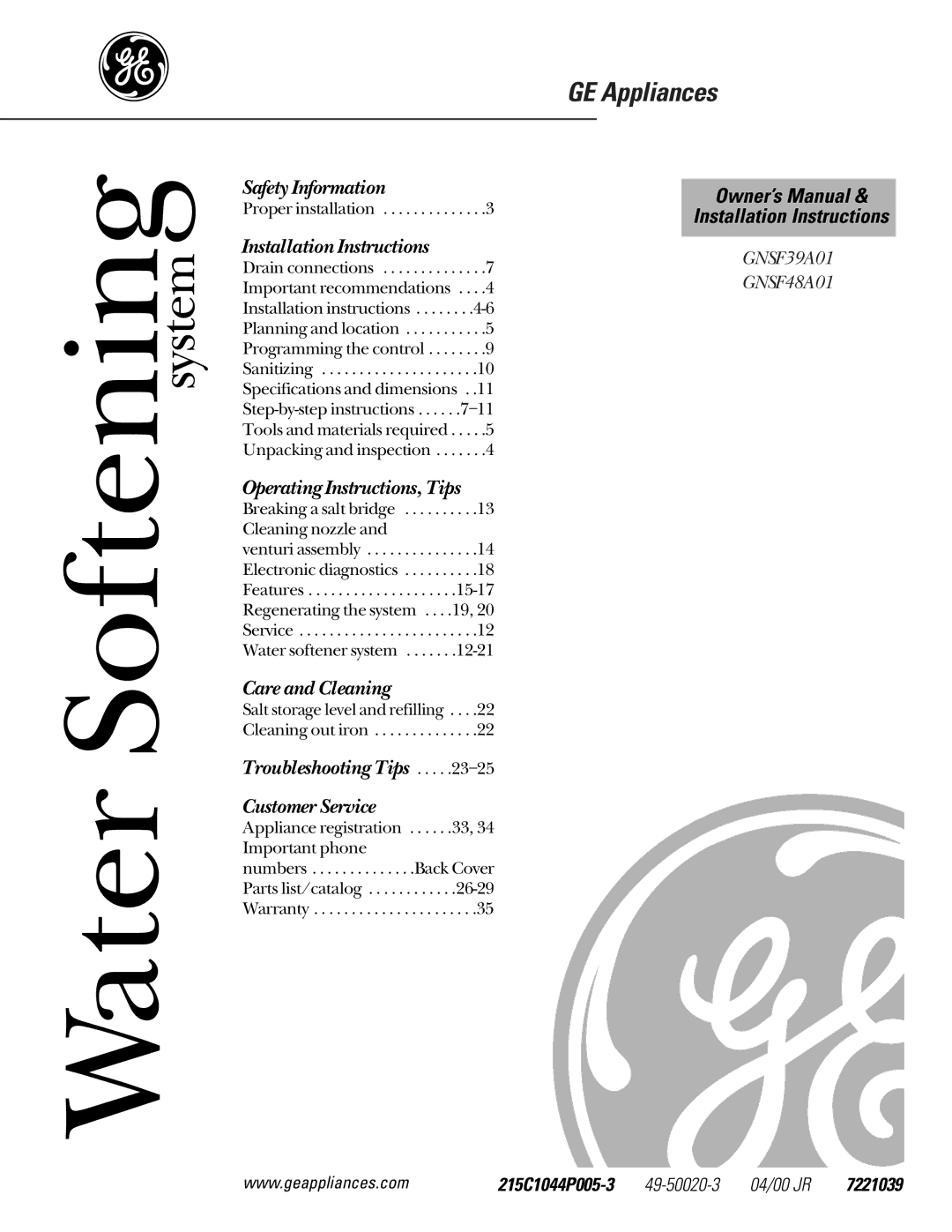 GE GNSF48A01, GNSF39A01 installation instructions Water Softening system, 7221039 