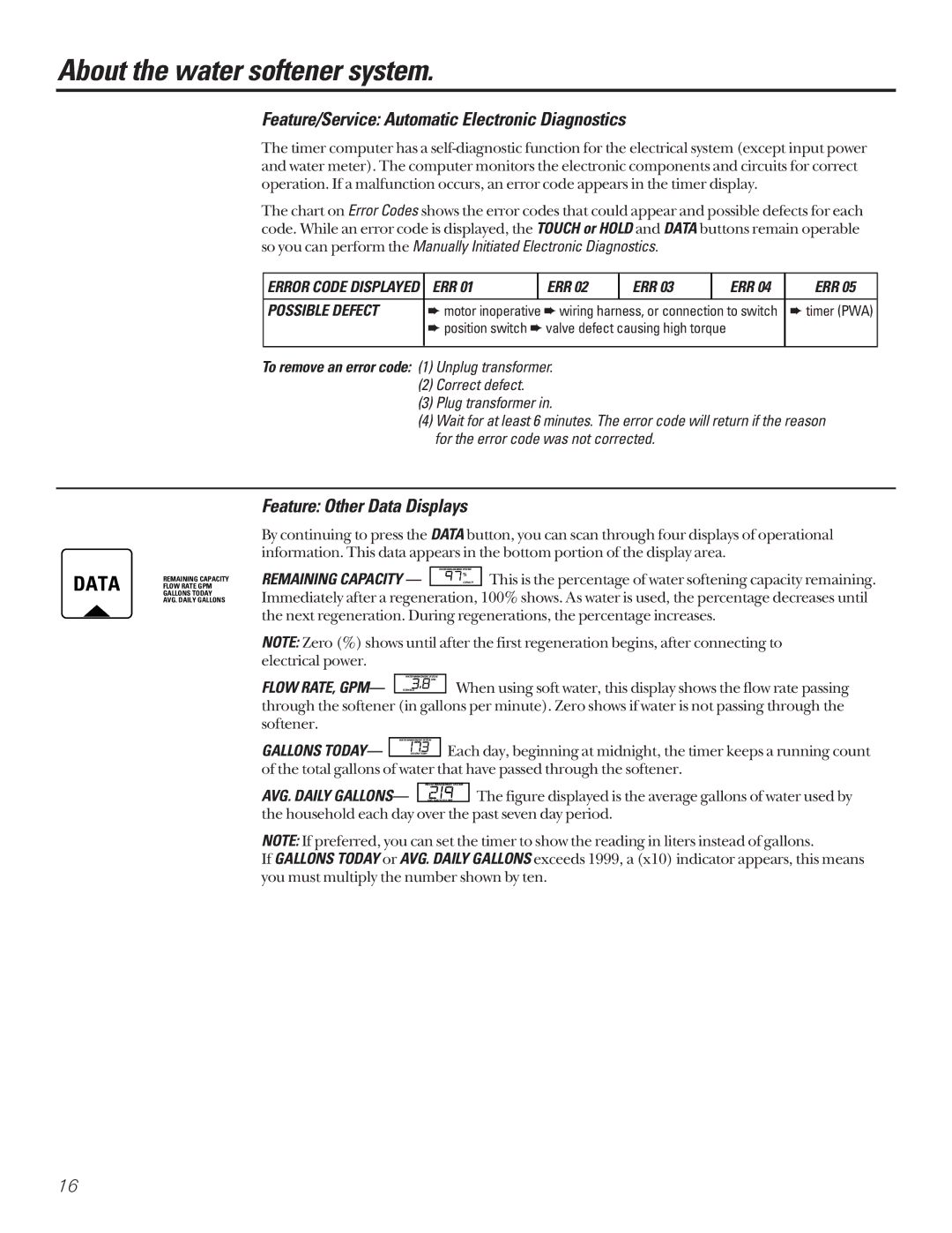 GE GNSF39A01, GNSF48A01 Feature/Service Automatic Electronic Diagnostics, Feature Other Data Displays, Err 