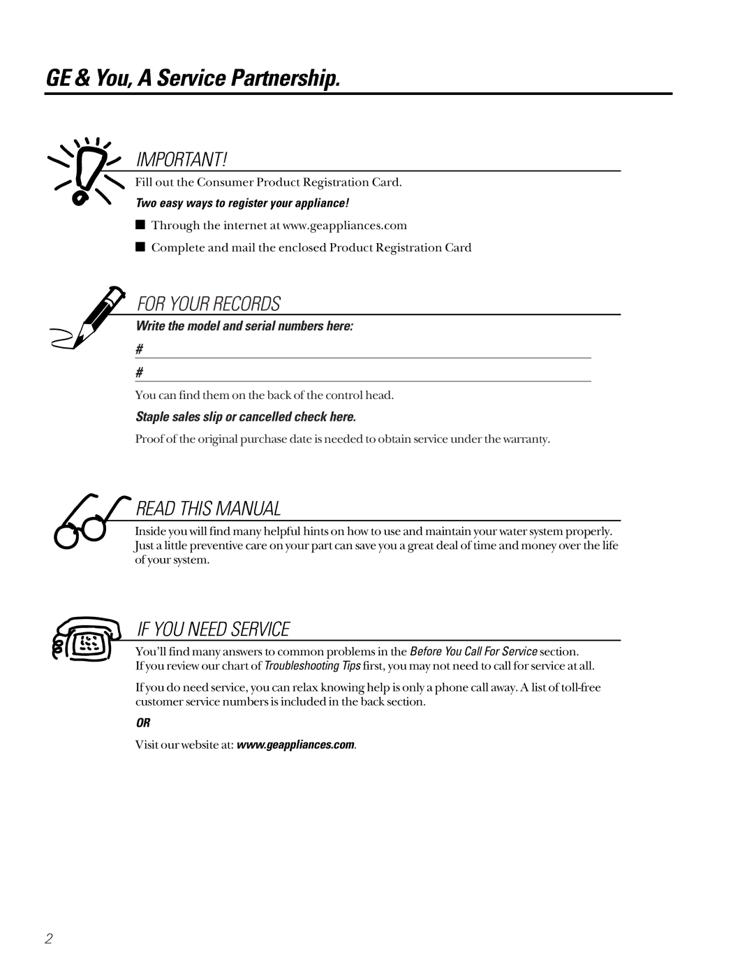 GE GNSF39A01, GNSF48A01 installation instructions GE & You, a Service Partnership, Two easy ways to register your appliance 