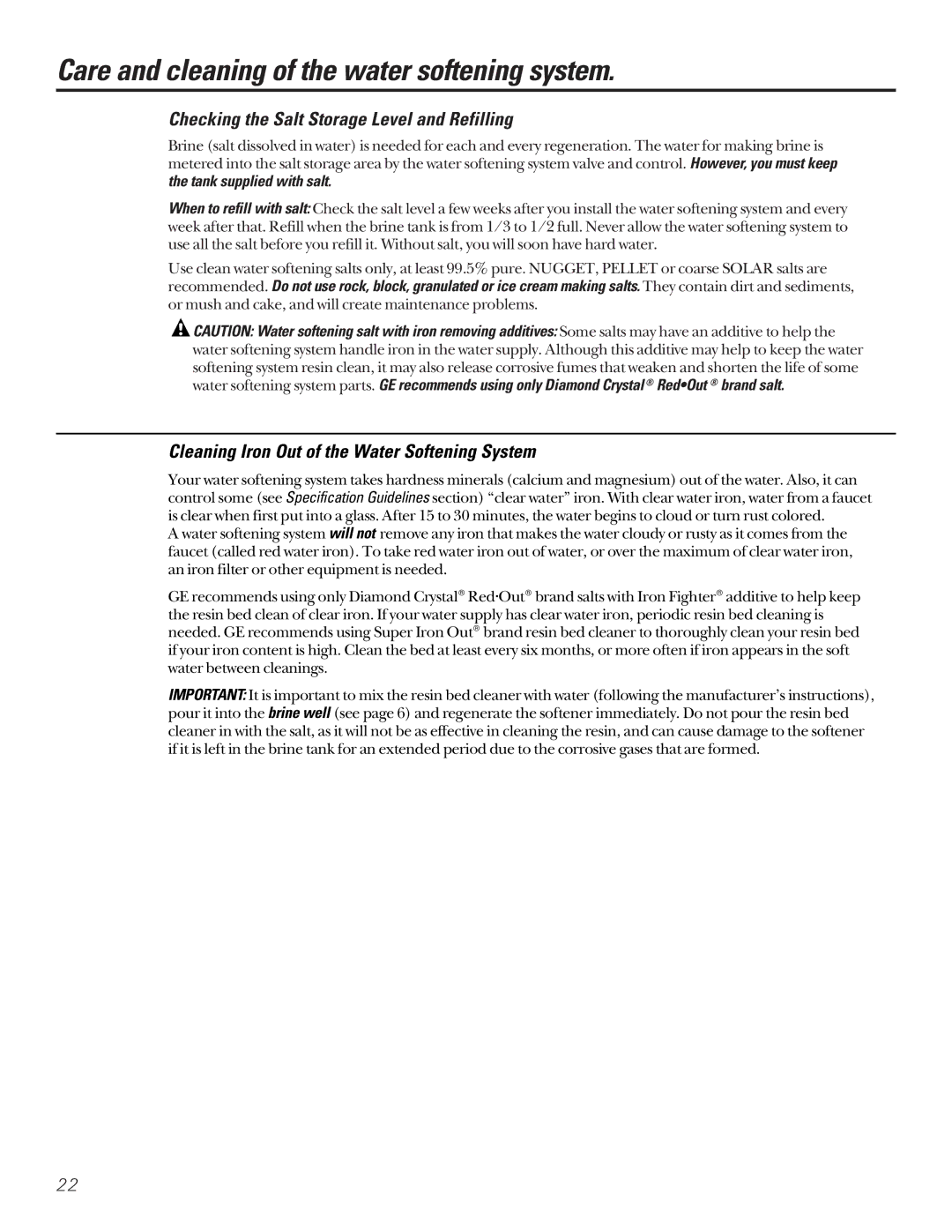 GE GNSF39A01, GNSF48A01 Care and cleaning of the water softening system, Checking the Salt Storage Level and Refilling 