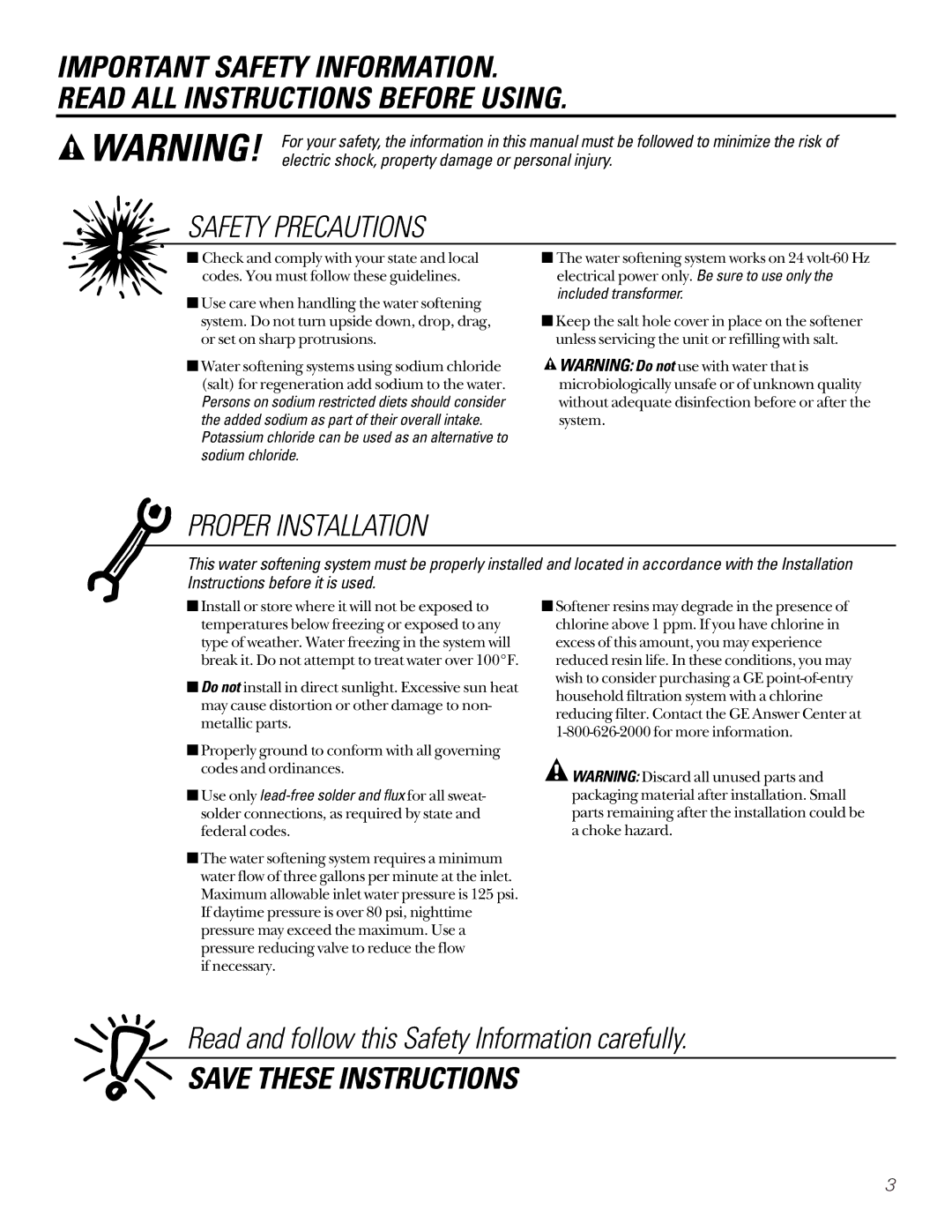 GE GNSF48A01, GNSF39A01 installation instructions Safety Precautions 