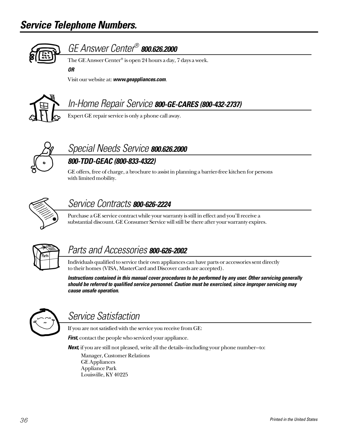 GE GNSF39A01, GNSF48A01 installation instructions Service Telephone Numbers, GE Answer Center 