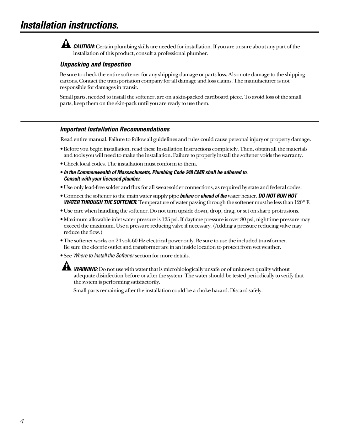 GE GNSF39A01, GNSF48A01 Installation instructions, Unpacking and Inspection, Important Installation Recommendations 