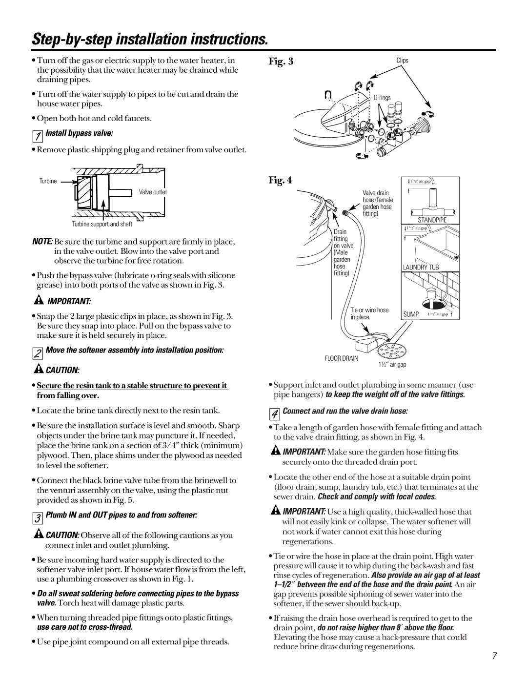 GE GNSF48A01 Step-by-step installation instructions, Install bypass valve, Plumb in and OUT pipes to and from softener 