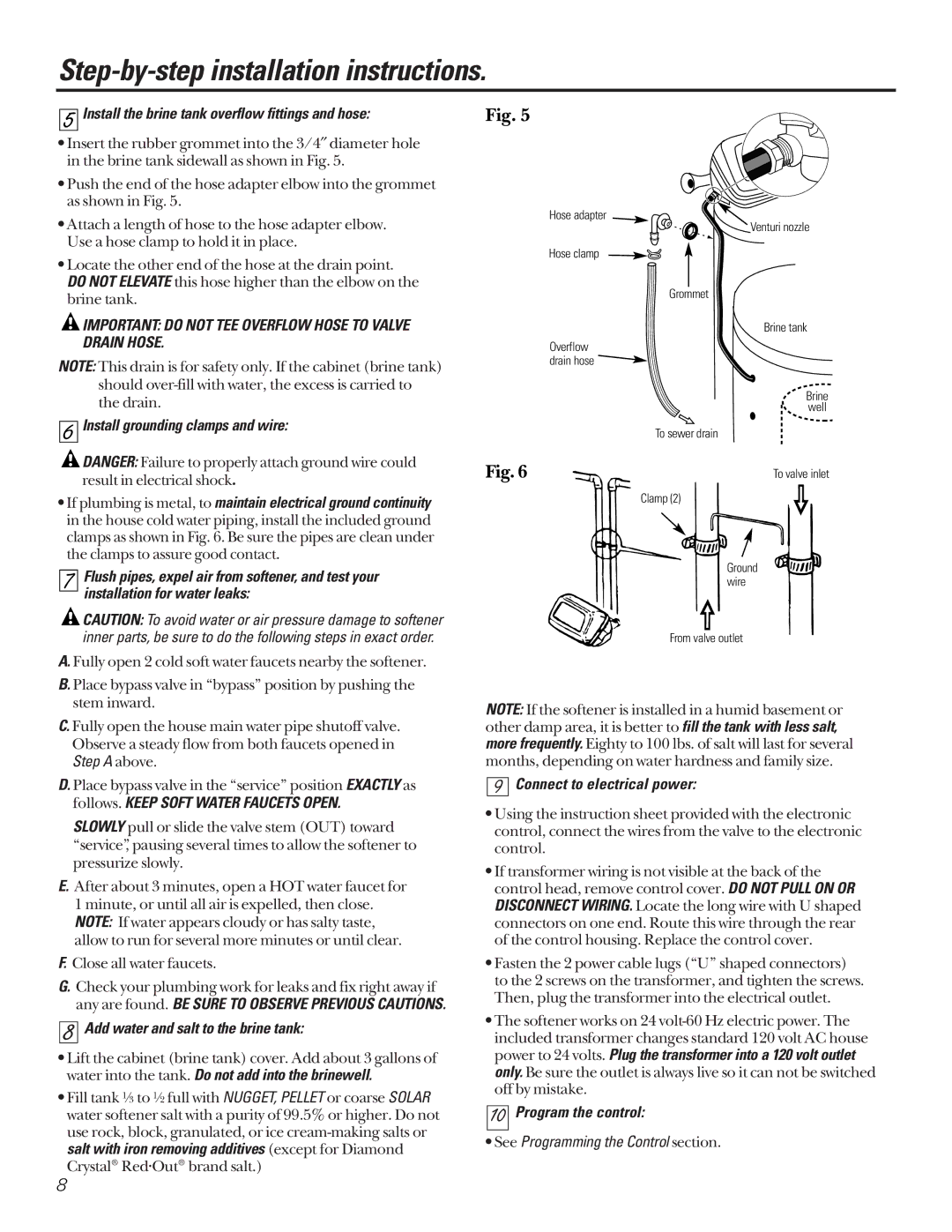 GE GNSF39A01 Install the brine tank overflow fittings and hose, Install grounding clamps and wire, Program the control 